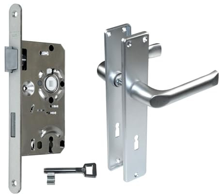 SN-TEC BKS Zimmertür/Wohnungstür/Badezimmer Komplett Set, inclusive Aluminium Schild Beschlag (BB Buntbartschlüssel, DIN LINKS, Langschild 215mm x 40mm)