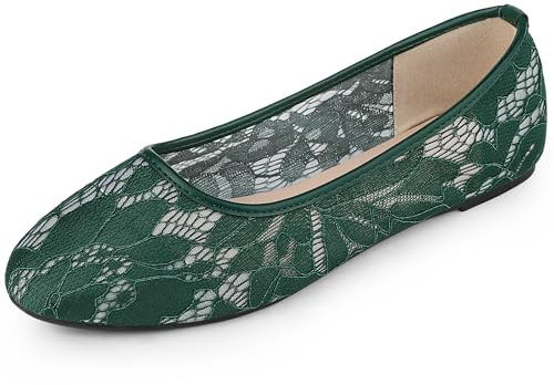 Allegra K Bailarinas sin Cordones con Punta Redonda y Bordado de Malla de Encaje para Mujer Verde Oliva 42