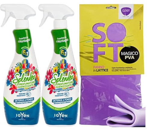 Detergente Multiuso Spray, Il Profumatore Igienizzante Superconcentrato, FRESCHEZZA DI MONTAGNA. Deterge a Fondo, Rimuove Germi e Batteri, 48h Di Pulito Profumato 750ml (2 Spray) + Panno In Lattice