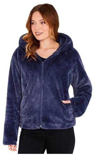 CityComfort Manteau en Peluche Zippé Femme avec Capuche en Fausse Fourrure (Marine, XL)
