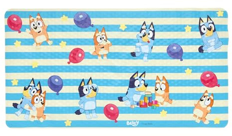 Bluey Bath Mat for Kids, Toddlers and Babies, 15.5 by 22 Inch, Non Slip, Bathtub Mat with Suction Cups, Machine Washable, Cushioned to Protect, Easy to Clean, Official Bluey Characters