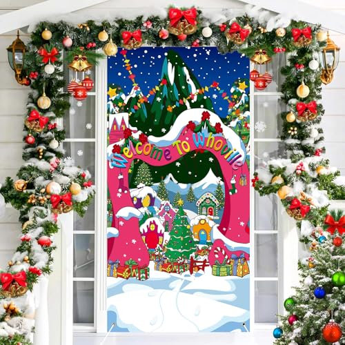 Weihnachtstür Dekoration Welcome to Whoville Türabdeckung Winter Weihnachten Dorf Hintergrund Xmas Tür Hintergrund Hängendes Banner für Happy New Year Xmas Holiday Party Supplies