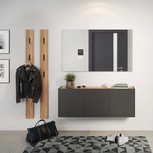 Lomadox Garderoben-Set 4-teilig in grau mit Eiche | Flurgarderobe Modern mit Spiegel und Kommode