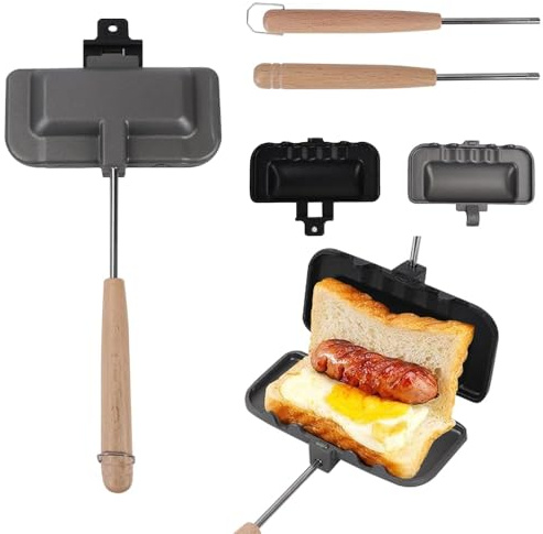Qivine Toasted Sandwich Maker, Removable Double-Sided Gas Baking Pan, Non-Stick Bread Frying Pan Heat-Resistant Grill Cheese Maker, Camping Toastie Maker for Breakfast Pancakes, Omelets (Black)