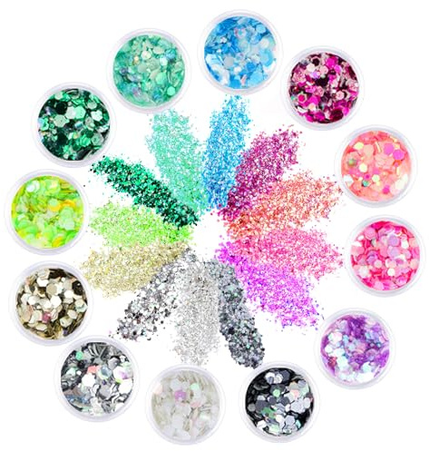 Purpurinas Polvo 12 Colores Brillos Corporales Cosméticos Iridiscente para Cara Pelo Arte Corporal Uñas Ojos para el Festival de Música Fiesta Navidad y Resina
