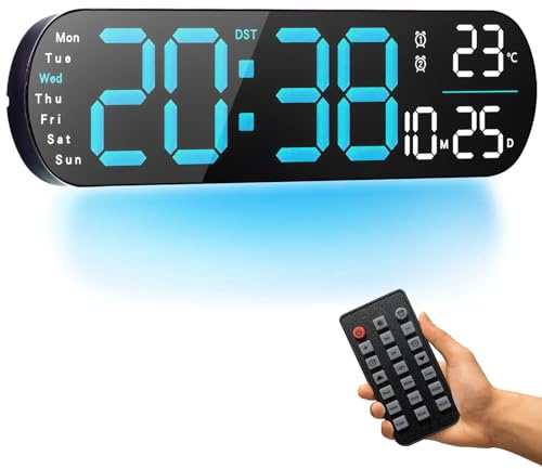 PiKaPiKaP Digitale Wanduhr, 14 Zoll große Digitaluhr mit Fernbedienung – automatischer Dimmer/Einstellung, 8 farbige Nachtlichter, 24/12-Stunden-Wanduhr für Wohnzimmer, Büro, Klassenzimmer, Blau