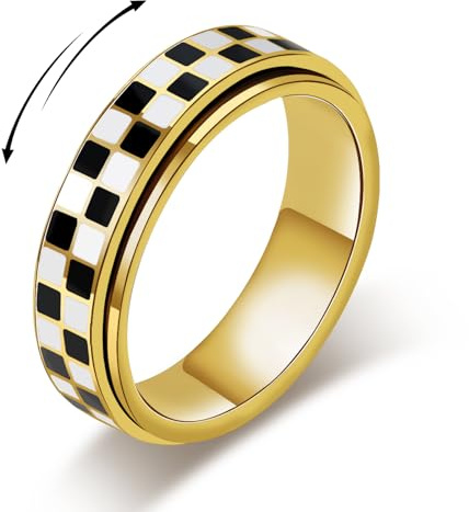 Checkered Fidget Ring for Adults - 18K Gold Plated Stainless Steel Rotating Spinner Jewelry, Anxiety & Stress Relief Gift for Women/Men (Black and White Pattern) (Checkerboard Ring_Gold, size 6)