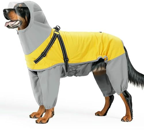ZBJZUIMEI Poncho Impermeabile Impermea per Cane Riflettente con Maschera Trasparente Cappa Copertura Piena Animali Domestici, Cani di Grande Grande, Buco Trazione-Giallo-XXXL
