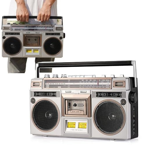 Retro Boombox with Bluetooth, Cassette Player, AM/FM Radio, Dual Speakers, 42.5 x 28.5 x 13.3 cm