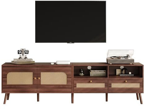 I0I&I0I TV-Schrank für 80-Zoll-Fernseher – Lowboard mit Rattantüren & Schubladen – Fernsehschrank Braun – Sideboard mit Stauraum – Modernes TV-Möbel mit 8 Holzfüßen aus Spanplatte (200x37x49,5 cm)