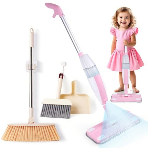 Lullulii Kids Spray Mop,Toddler Mop Cleaning Set, Real Working Mini Mop & Kids Broom Dustpan Set, Housekeeping Pretend Play Toy, Montessori Kid Cleaning Toy Set Includes Organizer Clip -Pink