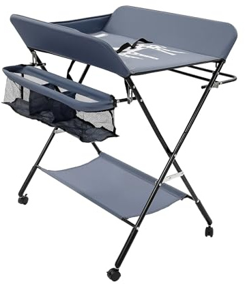 Wickeltisch Klappbar mit Rollen, Baby Wickelkombi Wickelkommode mit Wickelauflage, Sicherheitsgurt & Ablagefächern, Mobile Wickeltisch Höhenverstellbare & Stabil (Grau)