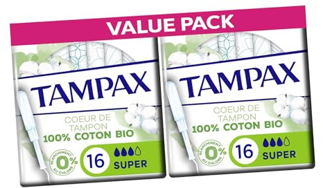 Tampax Cotton Protect Super Organic Tampons 32 Tampons (2 Packs of 16) – Organic Cotton Core with MotionFit Applicator and LeakGuard Braid for Medium to Heavy Flow