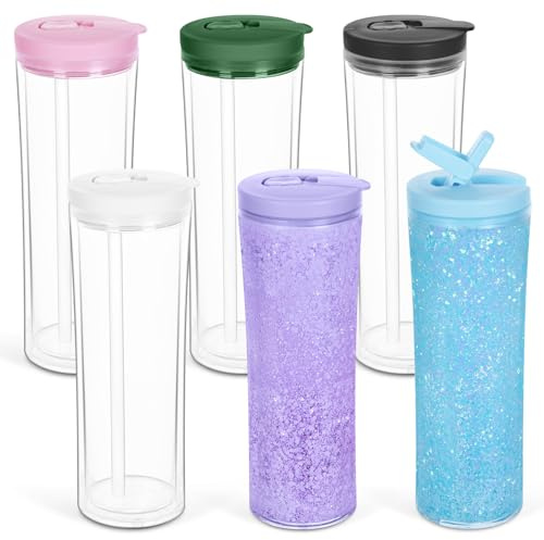 Maucircol 6 Pack 20 Oz Acrylic Snow Globe Tumbler, Duoble Wall Plastic Snowglobe Water Bottle with Pre-Drilled Hole, Leak-Proof Snow Globe Cup for Glitter, Mixed Color