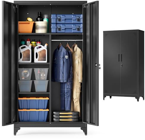 SONGMICS Armadio Multiuso, Guardaroba, Mobile da Ufficio in Metallo, con 2 Ante, 5 Scomparti, Barra Appendiabiti, Chiusura a Chiave, Piedini Alti, 80 x 40 x 165 cm, Nero Opaco OMC018BD01