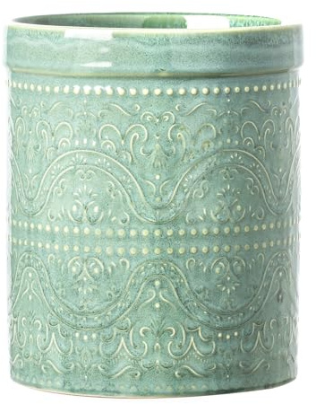 MIKIGEY Kitchen Utensil Holder, 7 Inches Large Ceramic Utensil Holder for Countertop, Lace Emboss Cooking Utensil Crocks for Kitchen, Home Decor, Off-White, Forest Green