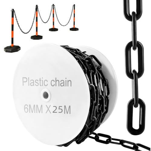 APACALI Cadena de barrera de 25 m de plástico negro, 8 mm de grosor, cadena de plástico, para cerrar superficies, buena visibilidad, estable y manejable