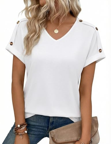 Totatuit Camiseta de Verano Mujer Manga Corta Cuello en V Unicolor Top | Cuello V, Botones, Estilo Diario, Uso Casual, Combinación Versátil