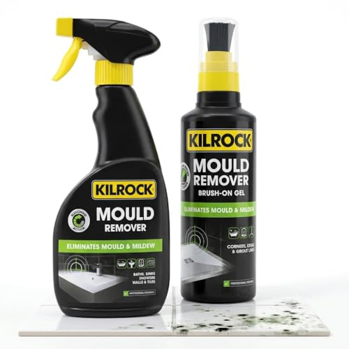 Kilrock Mould and Mildew Remover Spray and Gel with Brush - Powerful Black Mould Remover for Walls, Bathroom Tiles, Grout Cleaner for Shower, Kitchen - Wall Mould Remover Spray - 2 Pack