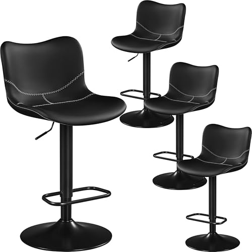 Yaheetech Juego de 4 Taburetes de Bar de Polipiel sin Reposabrazos Sillas Giratorias con Respaldo Reposapiés Altura Ajustable Negro