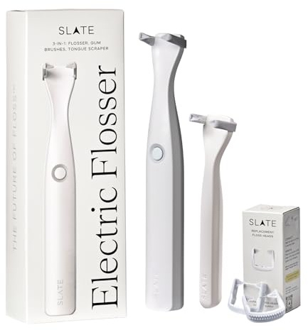 Slate Flosser Clean SLATE Set – Hilo dental eléctrico Origin + mini hilo dental de viaje + 12 cabezales de hilo dental suaves – Sonic, barrido de encías y raspador de lengua – no tóxico, sin PFAS