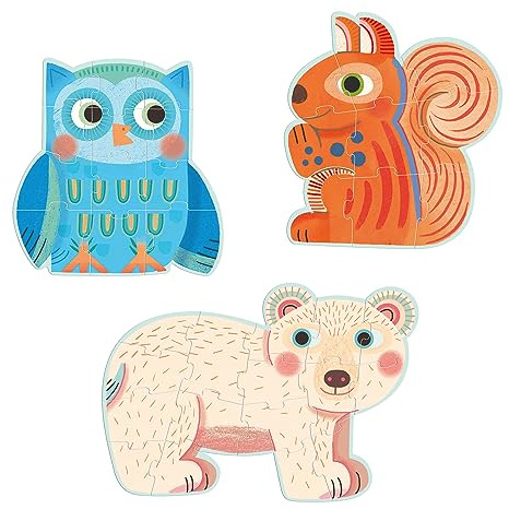 Djeco 37143A 37143 Bär Eule Eichhörnchen Progressive Puzzles, gemischt, 3 Unidad (Paquete de 1)