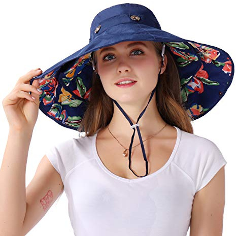 Ihomey Cappello da Sole Extra-Large Reversibile, Ripiegabile e modellabile, a Tesa Larga, UPF 50+, Cappello Estivo per la Spiaggia, Ragazza, Deep Blue-Flower