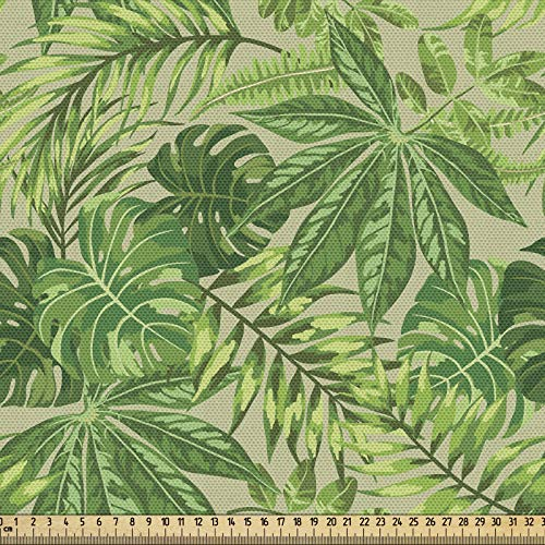 ABAKUHAUS Grünes Blatt Stoff als Meterware, Frischer Dschungel Aloha, Qualitäts Stoff Polster für Wohnaccessoires, 10M (148x1000cm), Apfelgrün Farngrün Beige