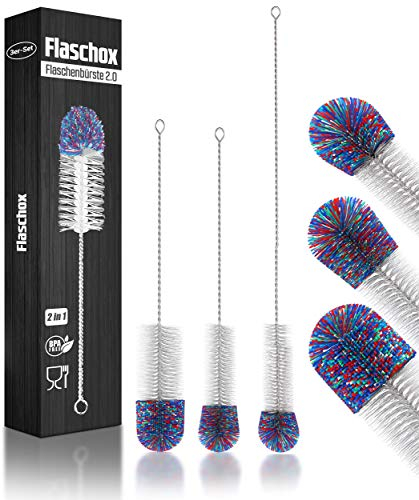 Set 3 Spazzole Bottiglie FLASCHOX Premium | Testa Lana Pulisce Senza Graffi | Pulitore Vetro | 3 Dimensioni | 1, 1.5, 2 Litri | Concetto Migliorato 2023