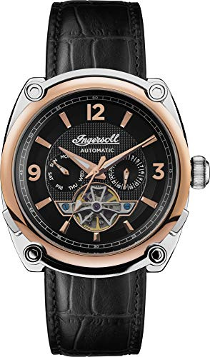 Ingersoll The Michigan Herren-Automatikuhr, 45 mm, mit schwarzem Zifferblatt mit offenem Herzen und schwarzem Echtlederarmband I01102B