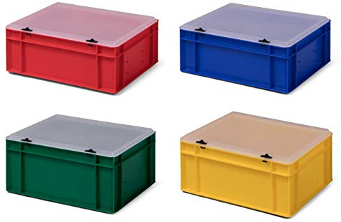 4 stycken Transporttapelbox Eurobox stapellåda med transparent lock, 4 färger, 400 x 300 x 186 mm (L x B x H), stabil professionell kvalitet och modern design