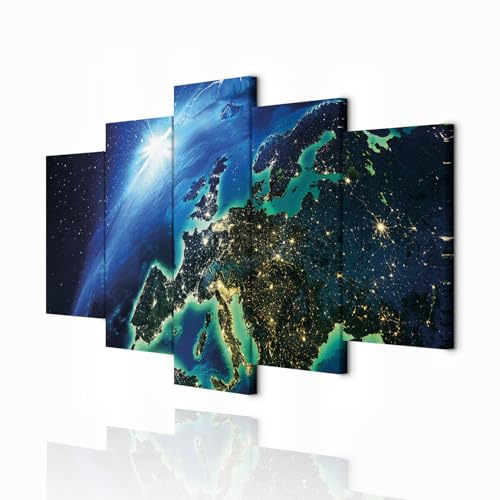 decomonkey Bilder Planet 200x100 cm 5 Teilig Leinwandbilder Wandbild Erde | Strukturleinwand, Holzkeilrahmen, Bild auf Leinwand, Kunstdruck, Wanddeko, Wohnzimmer, Wanddekoration, Weltall