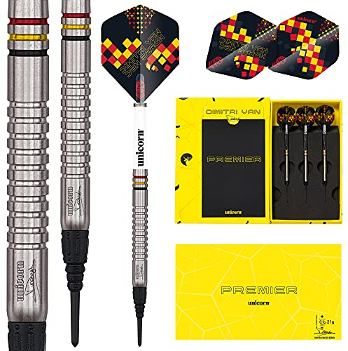 Unicorn S/T Tung James Wade 18 g weiche Spitze Dart-Set, Dimitri Van den Bergh, Premier, 90/70% Wolfram, Stahlspitze & Softspitze, 18g bis 25g, Silber/Gelb