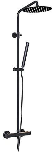 Colonna Doccia In Acciaio Inossidabile Nero Con Miscelatore Termostatico Design Superior Plus Moderno Multifunzione Doccia, Getto A Pioggia, Doccetta, Temperatura Costante Soffione Tondo 30 Cm