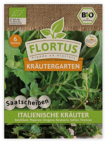 FLORTUS Italienische Kräuter BIO Saatscheiben | 6 Sorten | BIO Kräutersamen Saatscheiben | Kräutermischung BIO Samen | Kräutersamen für Basilikum, Majoran, Oregano, Rosmarin, Salbei, Thymian