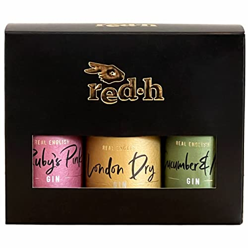 red.h Premium Gin Miniatures 3 x 5cl (ABV 40%) | Flavoured Gin Gift Set Mint & Cucumber Gin, Pink Gin, & London Dry Gin | Proudly British Miniature Gin Bottles