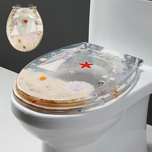 WC Sitz Muschel-Motiv, Robuste Metall-Scharniere, Universale O-Form, Polyresin Toilettendeckel, Ovaler Komfort Toilettensitz, Klodeckel, Klobrille, Oval,6