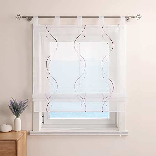 ESLIR Raffrollo mit Schlaufen Gardinen Küche Bestickt Raffgardinen Voile Transparent Schlaufenrollo Modern Vorhänge mit Wellen Stickerei Violett BxH 100x140cm 1 Stück