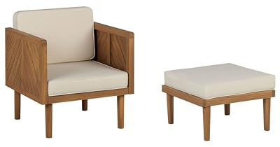Beliani Lounge Sessel mit Ottomane Akazienholz Hellbraun Auflagen beige Rustikal Baratti