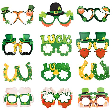 12 Stück St. Patrick's Day Papier Brille Photo Booth Requisiten Neuheit Irish Kleeblatt Fiesta Brille Leprechaun Hut Brille St. Patrick's Day Dekor Brillengestell Kostümzubehör für Kinder Erwachsene A