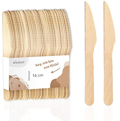 wisefood Einwegmesser aus Birkenholz - 300 Stück Holzmesser 16,5cm - 100% Biologisch abbaubares Einwegbesteck - Ideal als Party Holzbesteck zum Grillen oder für To Go
