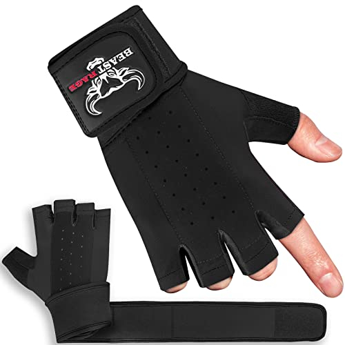 BEAST RAGE Gewichtheberhandschuhe für Herren und Damen, Handgelenkstütze, gepolstert, Handflächenschutz, atmungsaktiv, eng anliegend, für Fitness, Training, Fitnessstudio-Handschuhe (Schwarz, L)