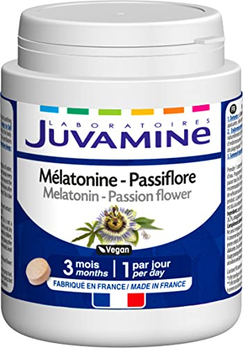 JUVAMINE Mélatonine Passiflore, Sommeil, Triple Action, Détente, Endormissement Facilité, Sommeil Réparateur, Programme de 3 Mois, 90 Comprimés, Fabriqué en France