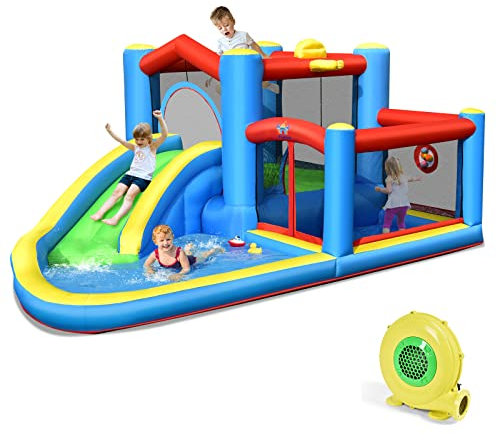DREAMADE Aufblasbare Hüpfburg, Wasserpark mit Rutsche & Bällebad, Spielburg für Innen- und Außenbereiche, Hüpfburg mit Planschbecken für 3 Kinder 3-12 Jahren, 410 x 310 x 191cm (mit Gebläse)