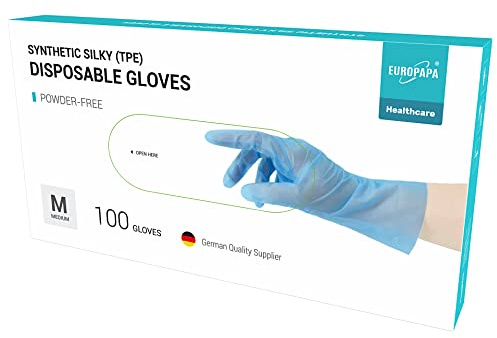 EUROPAPA 100, 200, 300, 450 Unidades, TPE Transparente Y Azul, Guantes Desechables En Caja, Guantes Desechables Sin LÁTex, Guantes De Goma Sin Polvo, En Tallas S, M, L, XL (Azul-100, M)