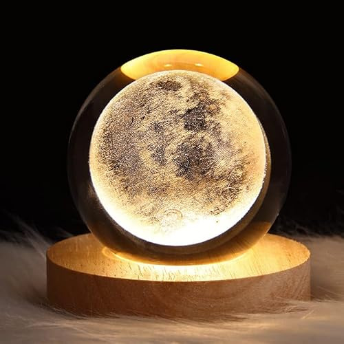 MCHERRY 3D Kristallkugel Nachtlicht, Planetenmodell mit LED-Beleuchtung, 3D Kristallkugel mit Led USB-Holzsockelfür Weihnachten Thanksgiving Geburtstag, Dekorative Tischlampe (Moon)