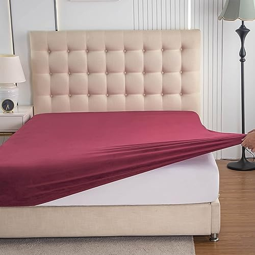Soifox Lenzuolo con angoli elasticizzati in jersey, 90 x 200 cm fino a 100 x 200 cm, in morbido pile di velluto, morbido e cashmere touch, per letto a molle, topper, materasso rosso con elastico