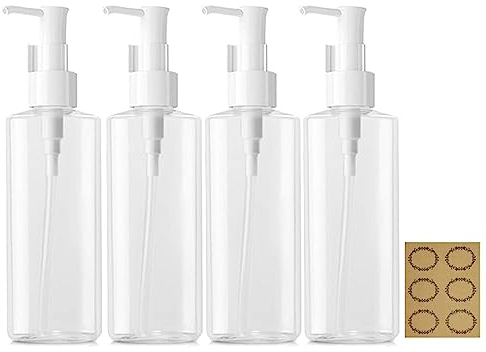 Apstaqeoo 4Pcs 150ML Empty Lotion Dispenser Refillable Clear Plastic Oval Travel Bottles Makeup Cosmetic Flat Container Dispenser with Pump Head & Label for Gel Cream Shampoo Massage Cleansing Oil