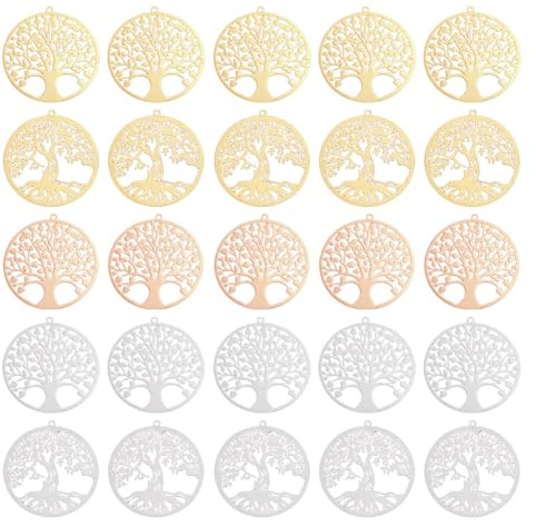 arricraft 30 Ciondolo in Ottone con Albero della Vita, 2 Stili 3 Colori Placcatura Rotonda Piatta Ciondoli in Filigrana Albero della Vita Cavo Ciondola I Ciondoli per Orecchini