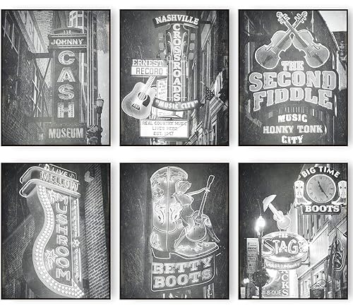 HOGEBIG Vintage Nashville Wandkunstdrucke Retro Schwarz und Weiß Nashville Tennessee Country-Musikposter Gitarre Innenstadt Leinwanddruck 11x14 Zoll (27.9x35.6cm) Ungerahmt